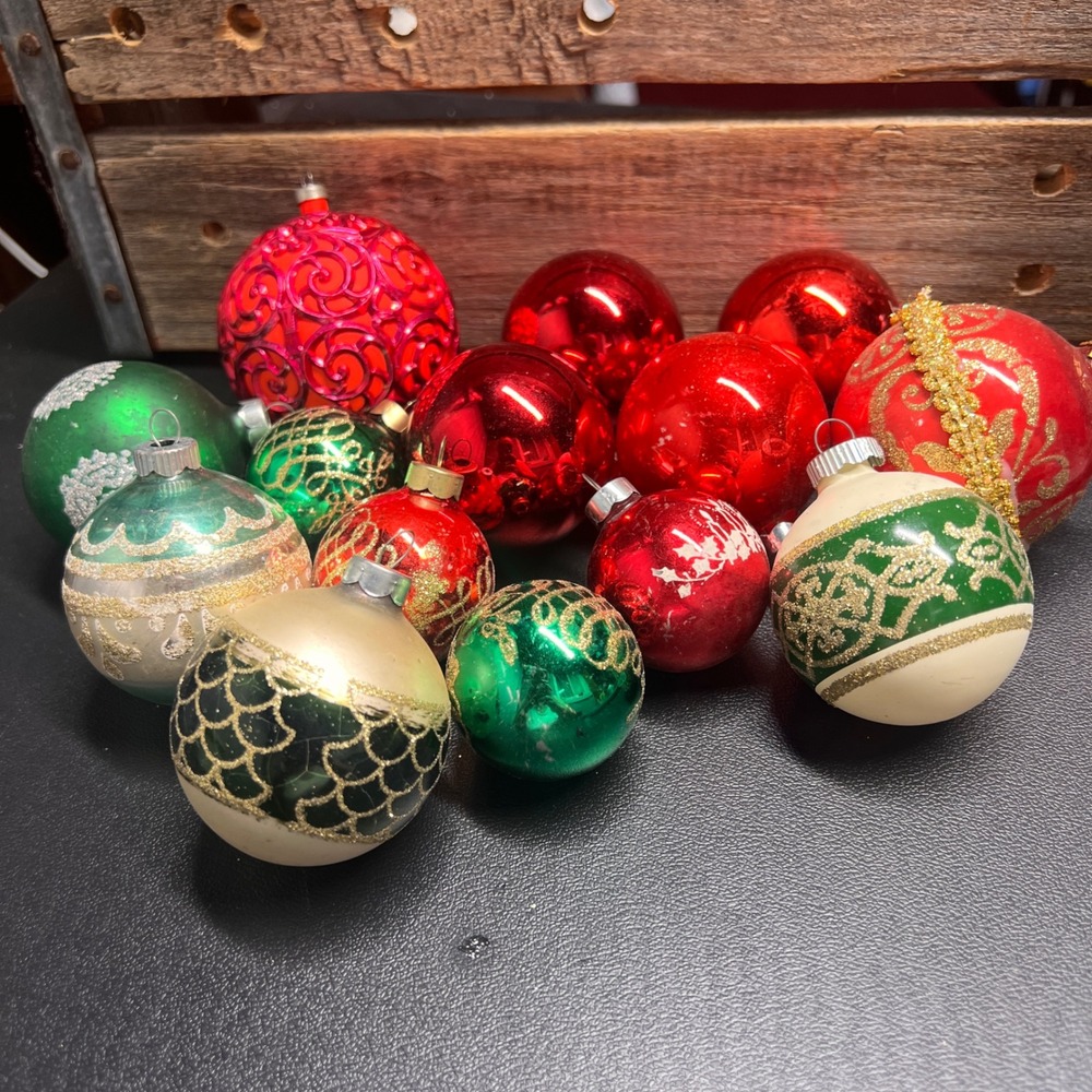 Vintage Shiny Brite Glass Christmas Ornaments Lot Red Green Gold Mixed 13pc